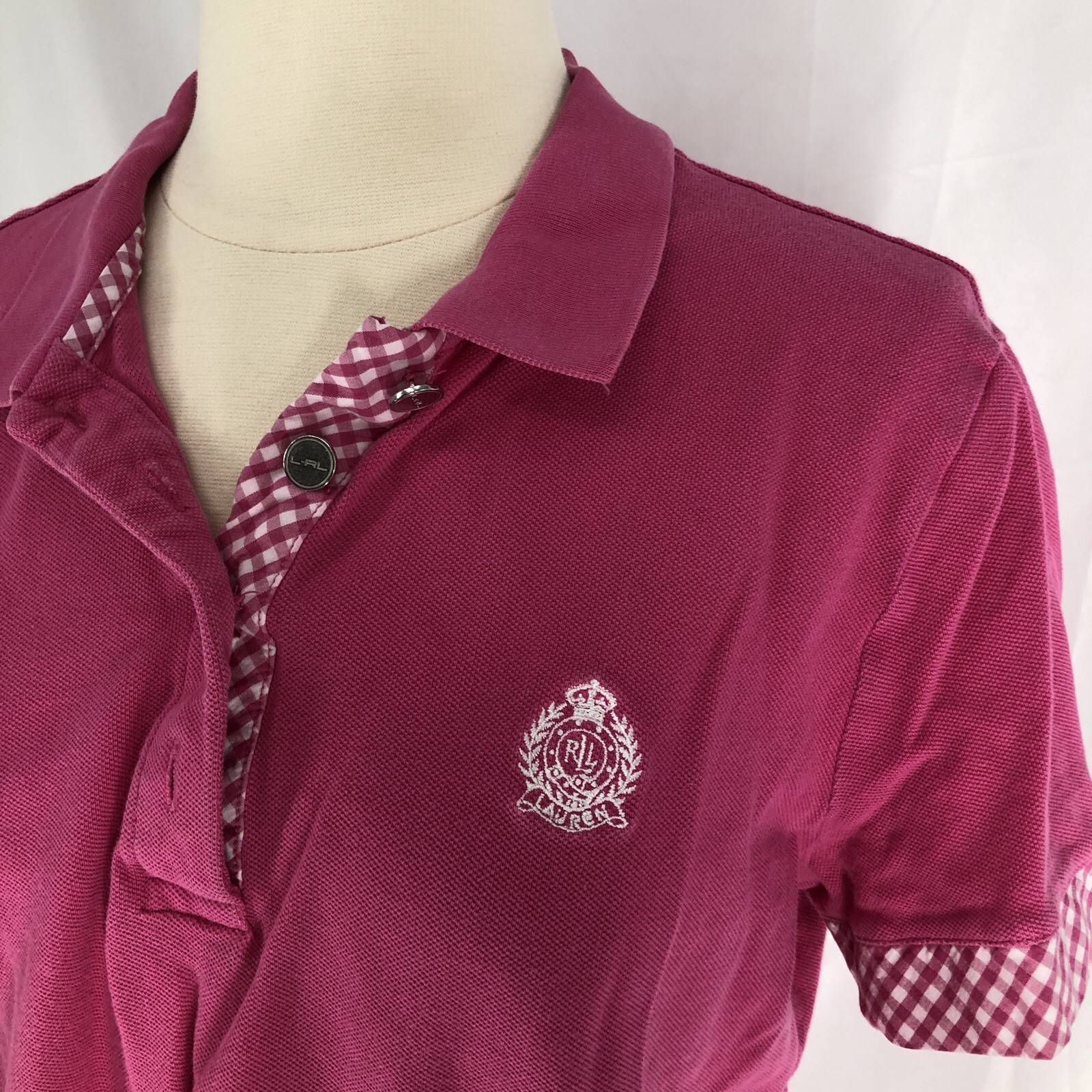 LRL Lauren Active Pink Polo Shirt Women’s Large Gingham Trim Cotton Golf Top