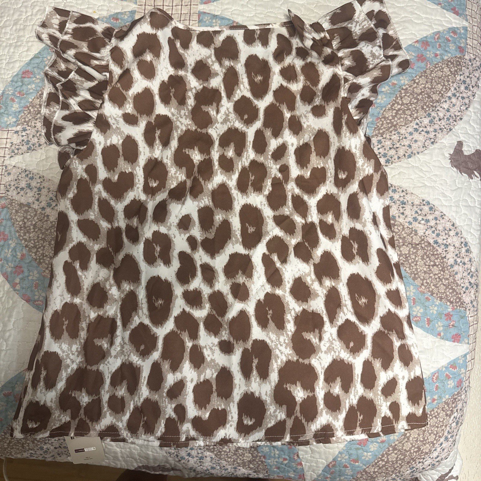 Emery Rose Womens Brown/White Leopard Print Ruffle Sleeve Blouse Top Size S