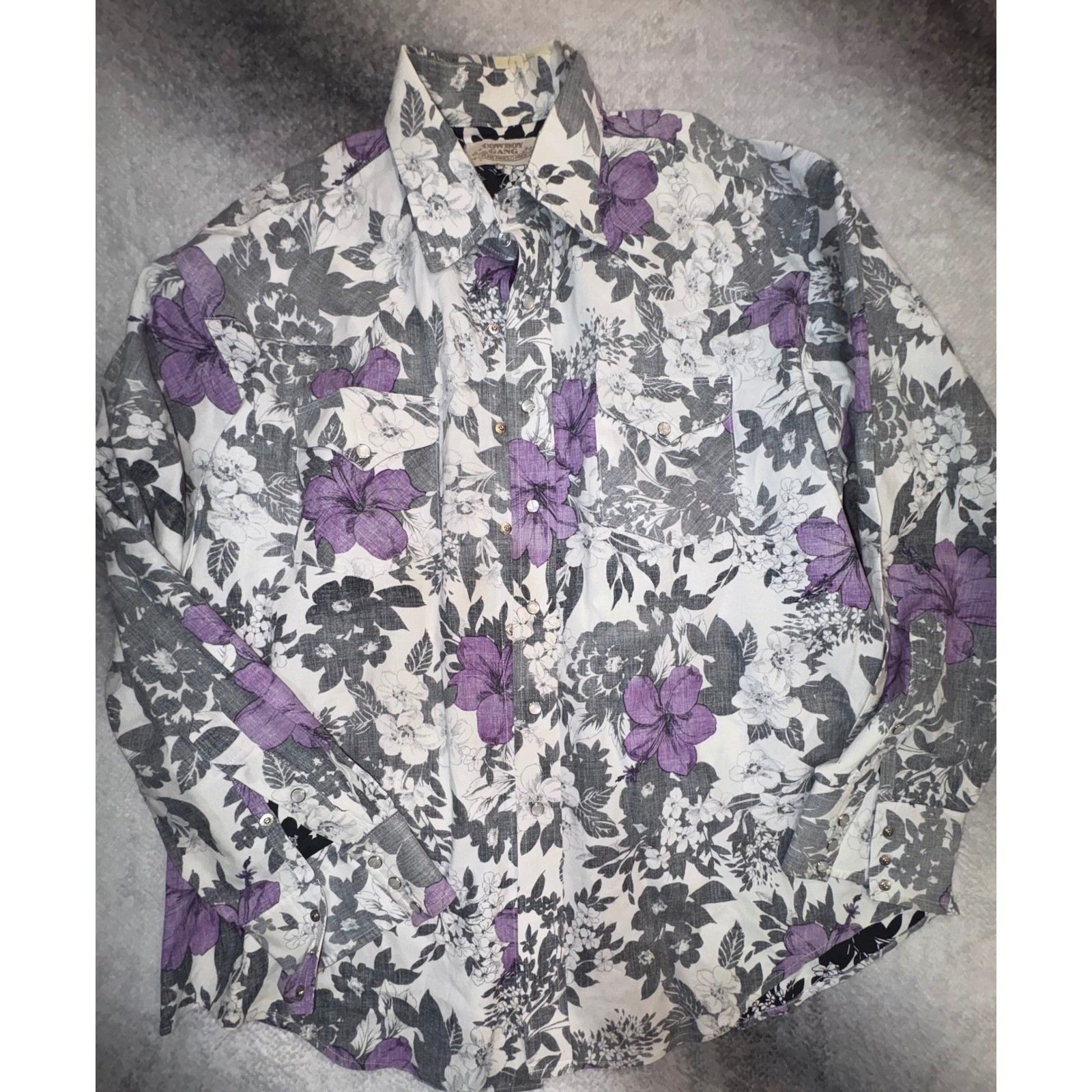 (B6) Cowboy Gang Womens XL Western Snap Shirt Purple Floral Hibiscus Paniolo