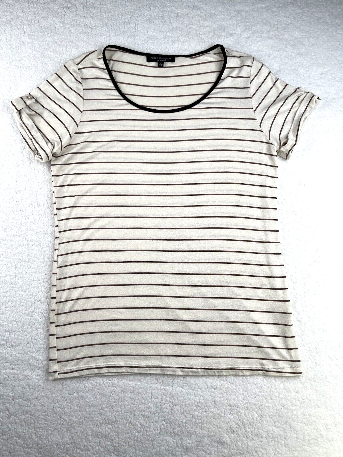 Green Envelope Shirt Womens L White Brown Stripe Short Sleeve Round Neck