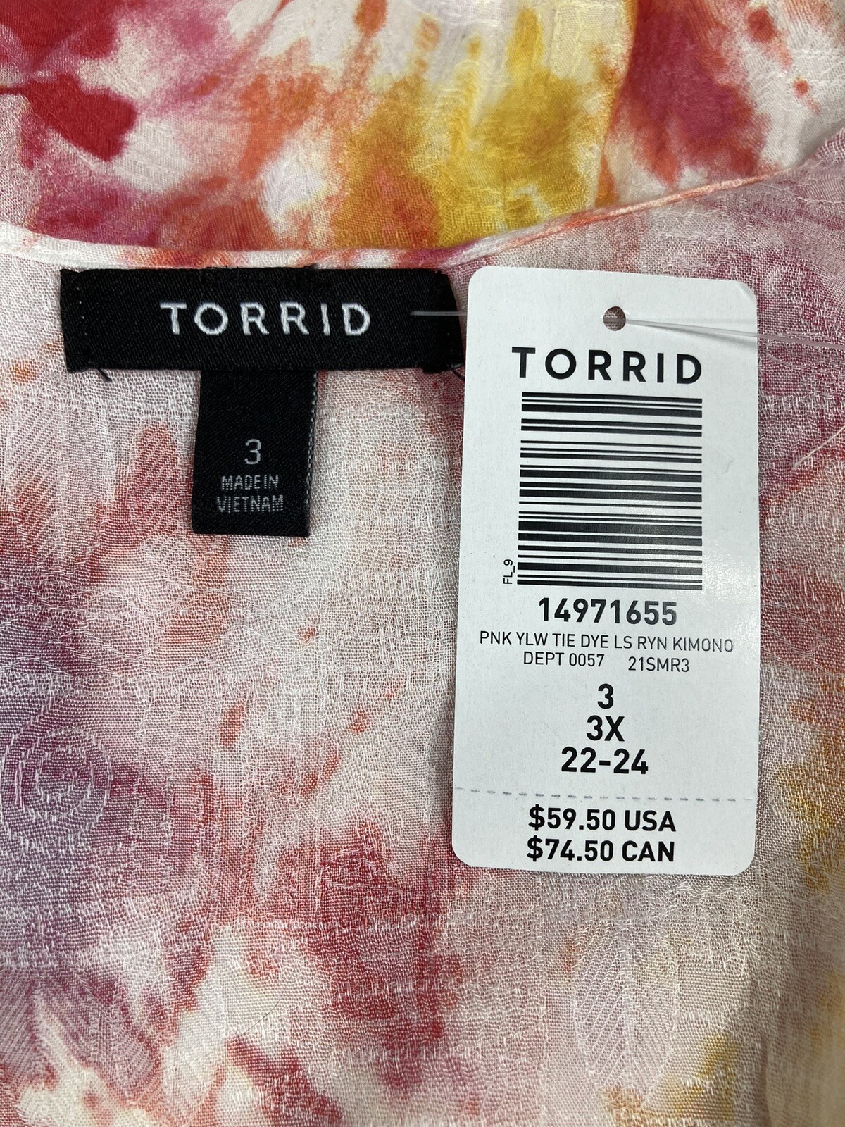 Torrid Pink Yellow Tie Dye Duster Kimono Wrap Cover Up Plus Size 3 3X 22/24 NWT
