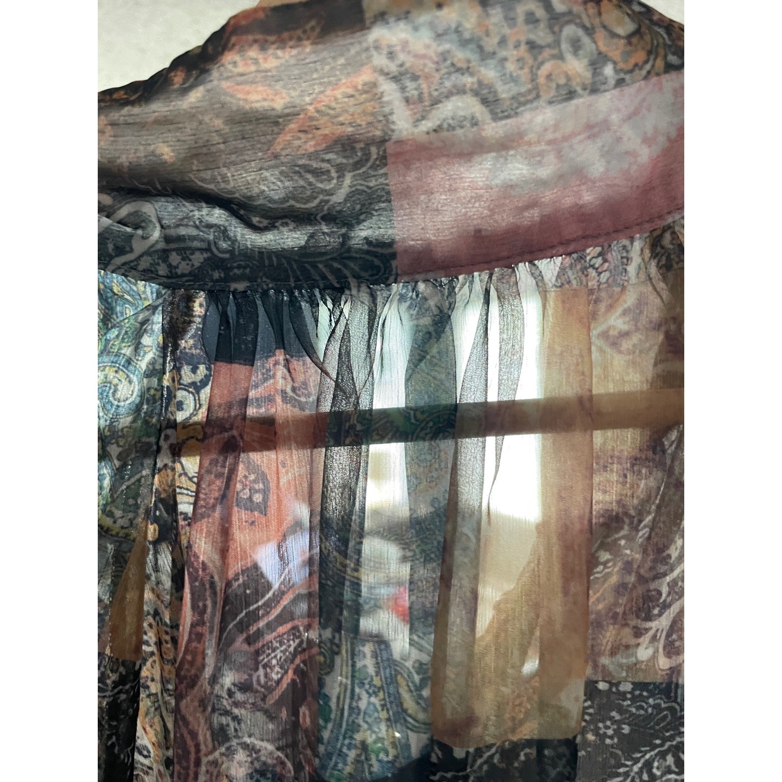 Paisley Patchwork Blouse Womens XL Multi Sheer Gold Button Boho Tops Romantic