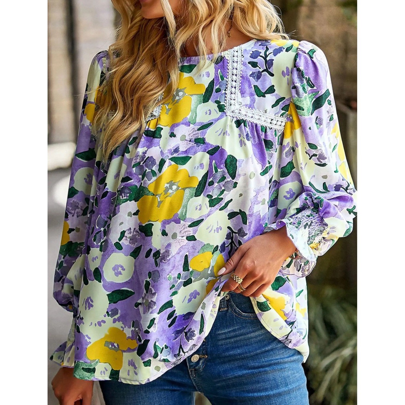 Entro Floral Crochet Lace Trim Tunic Bishop Sleeve Purple Oversized Boho S NEW
