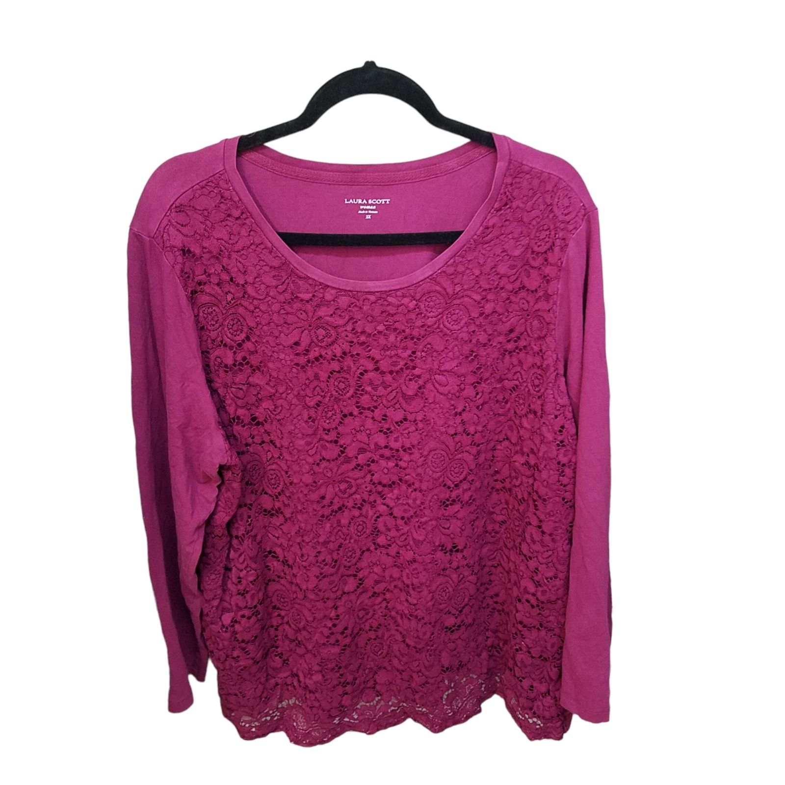 Laura Scott Womens Sz 2X Maroon Solid Long Sleeve Lace Blouse