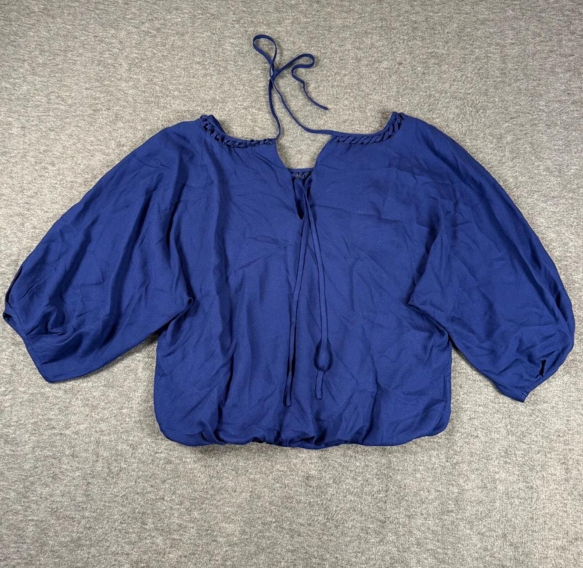Ella Moss Blouse Womens Small Blue Peasant Top Braided Neck Tie Back Rayon Boho