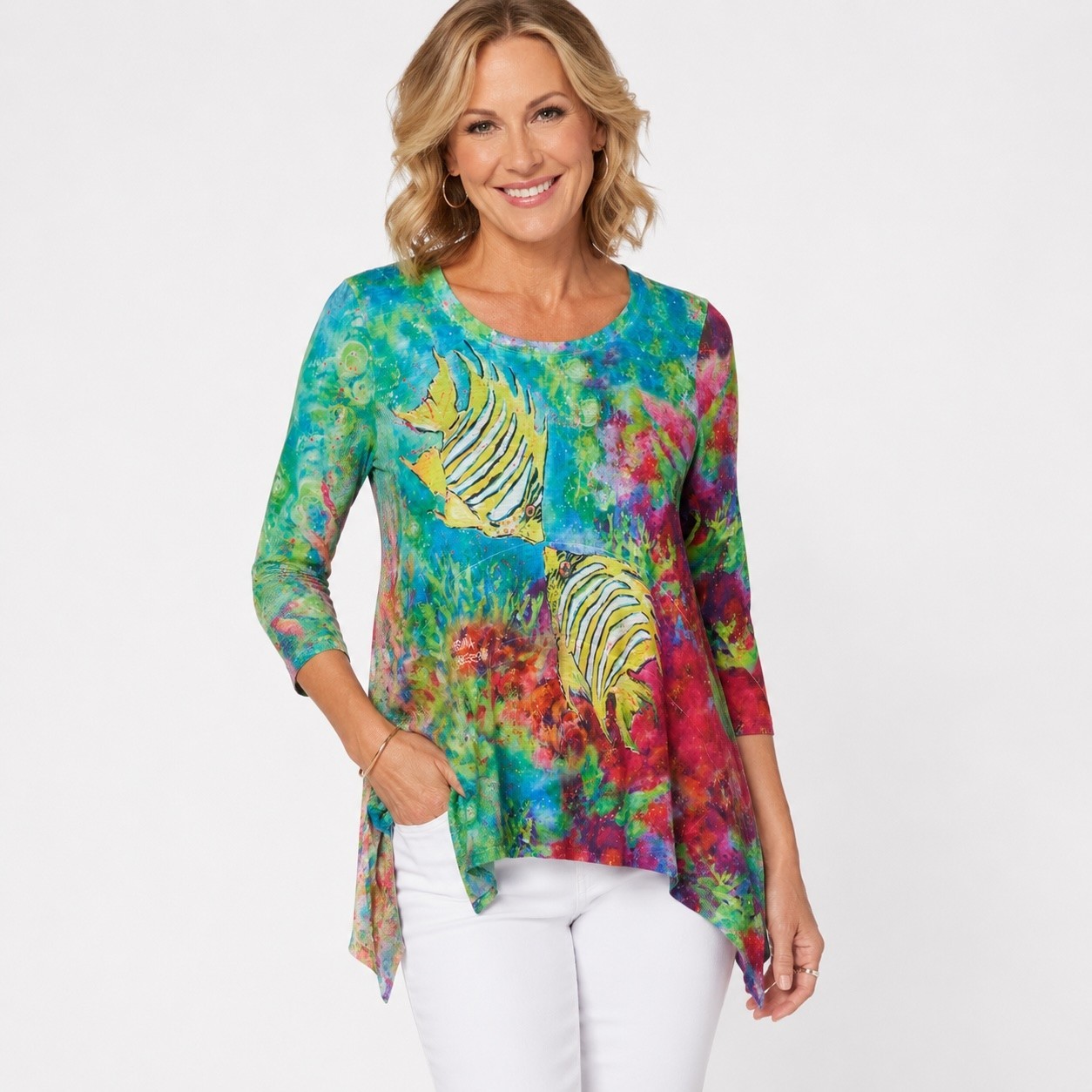 Leoma Lovegrove Tunic Top L Tropical Fish Art Colorful Beach Resort Casual