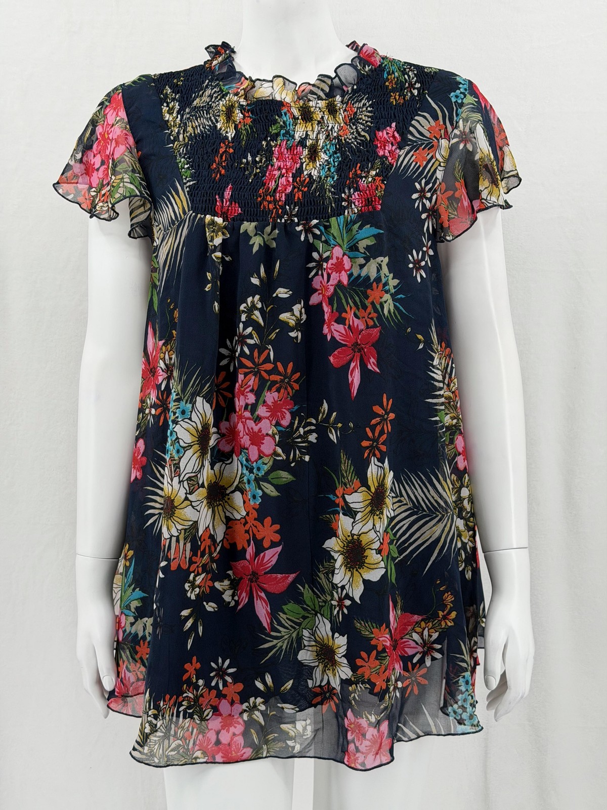 Kate & Mallory Top Women 1X Navy Floral Smocked Chiffon Tunic Boho Office Ruffle