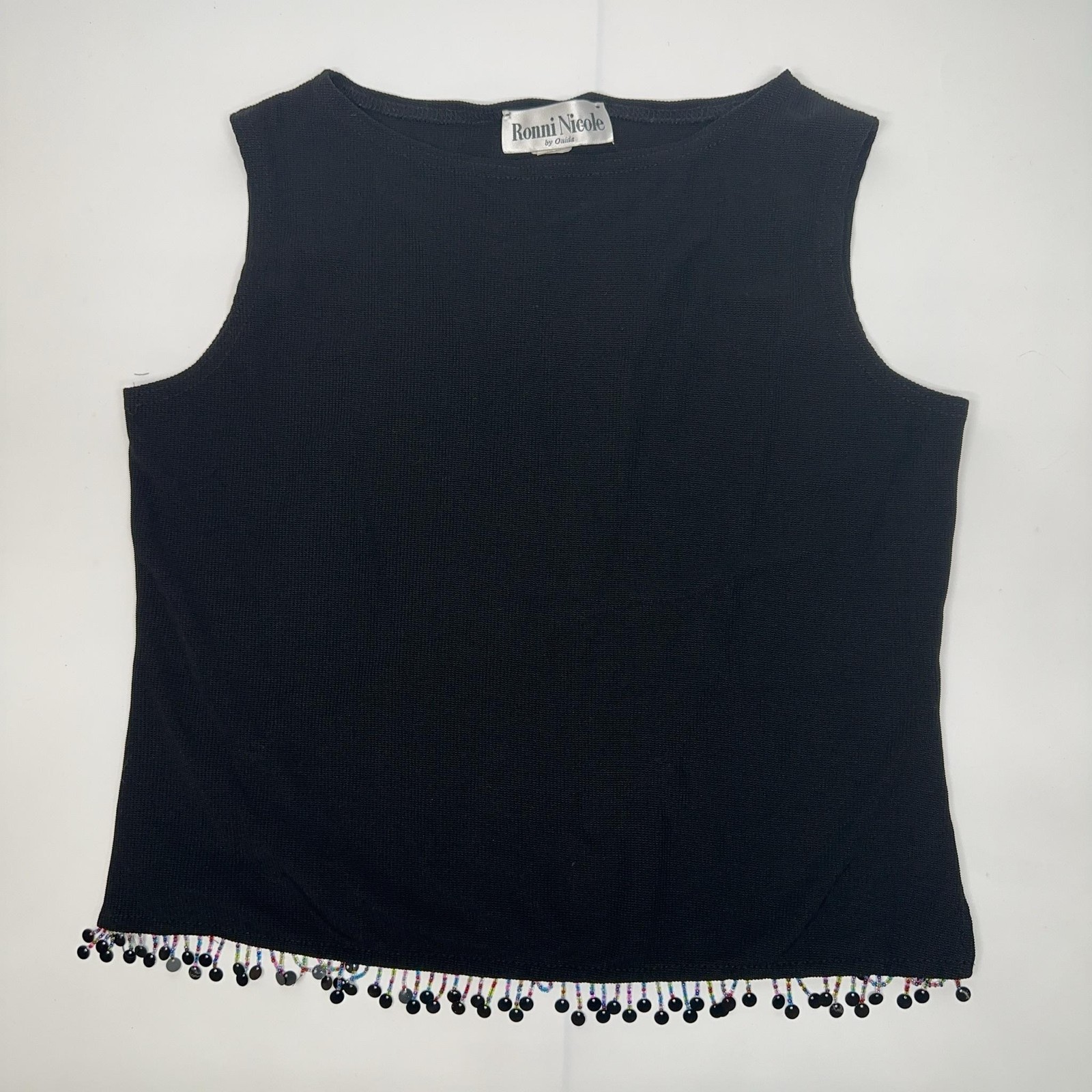 Ronni Nicole By Ouida Tank Top Womens L Black Beaded Fringe Sequin Knit Party