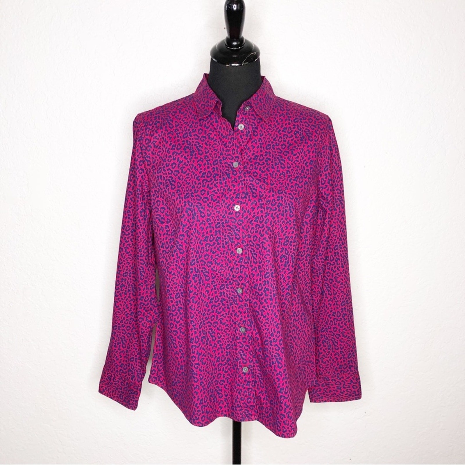 J Crew hot pink blue leopard animal print button down top size Large NWT