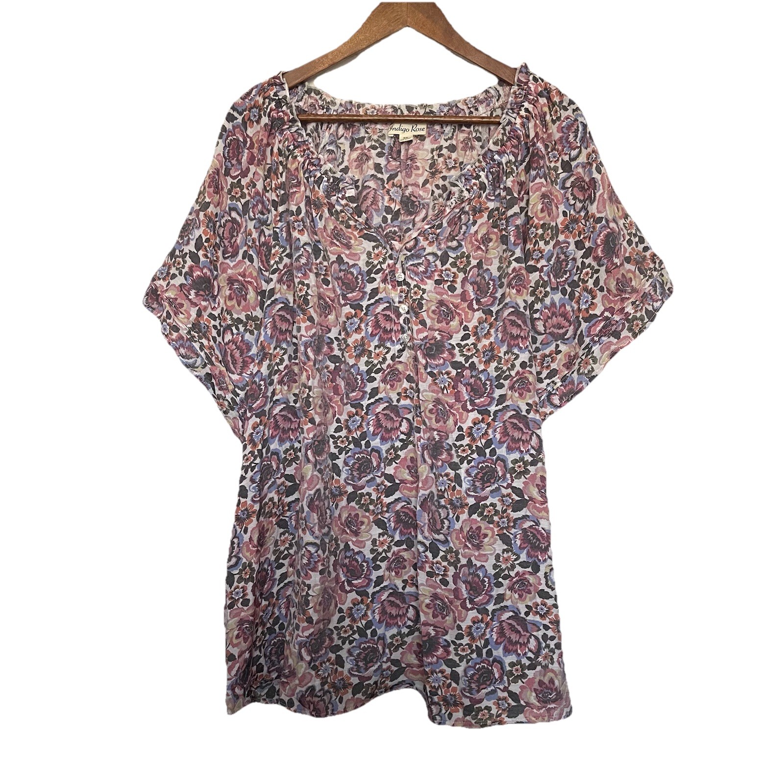 Indigo Rose Womens Tunic Top Size 3X Floral Multicolor Boho Cottagecore Peasant
