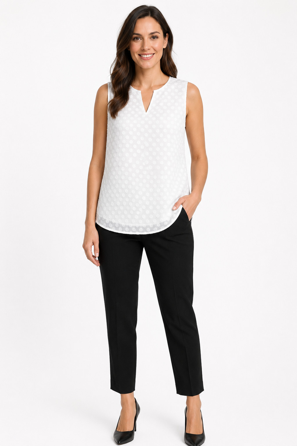 Market & Spruce Women’s 2XL White Swiss Dot Sleeveless V-Neck Blouse Plus
