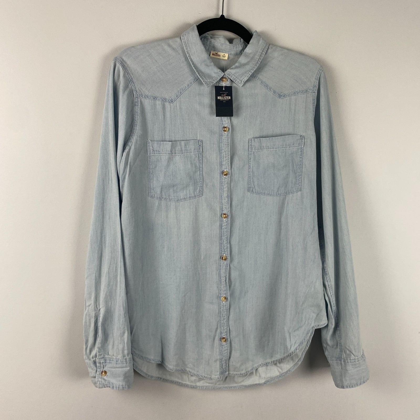 Hollister Chambray Shirt Womens Medium Light Wash Lightweight Blue Western