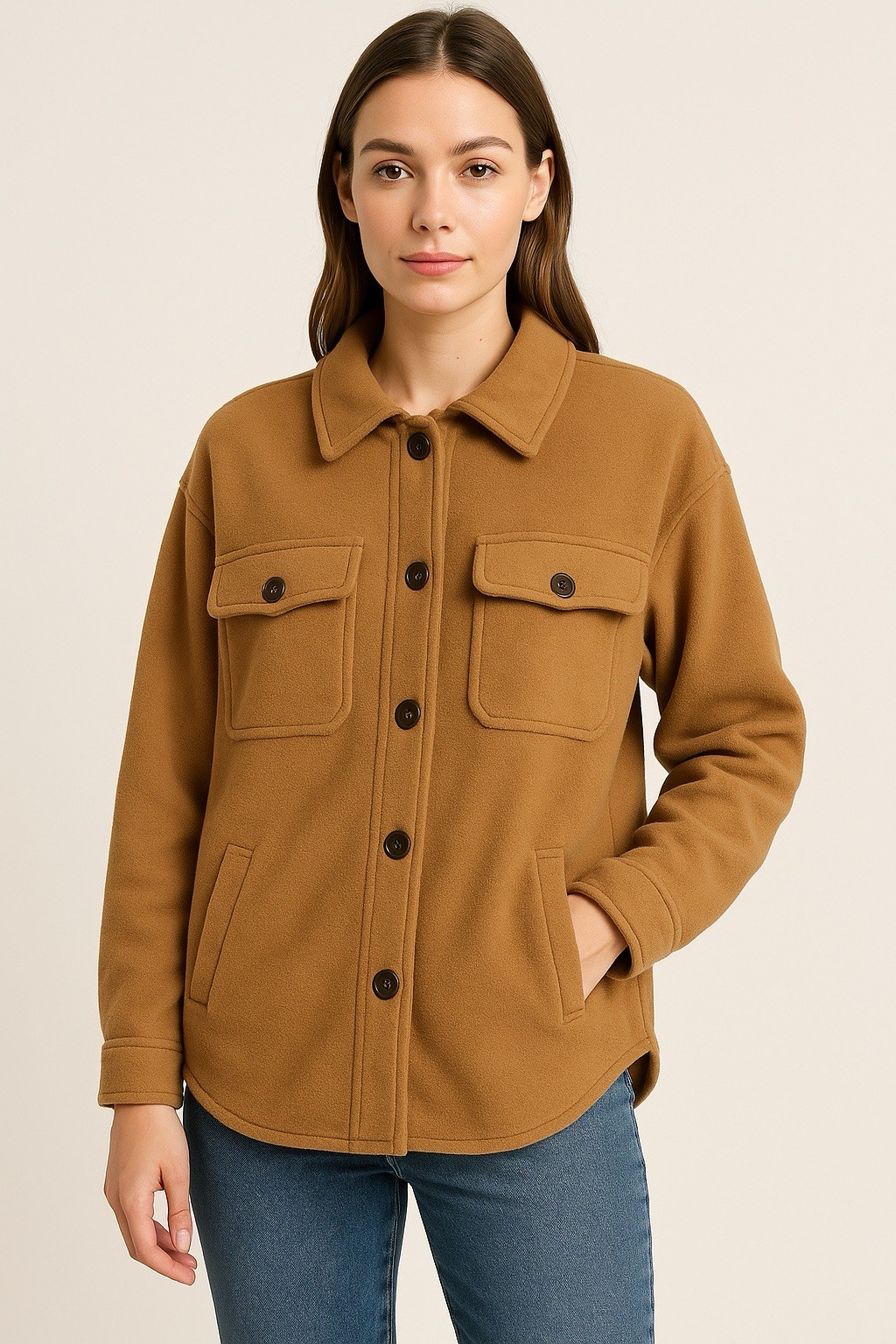 La Miel Women’s Fleece Shacket Tan Button Front Size Small Pockets Minimalist