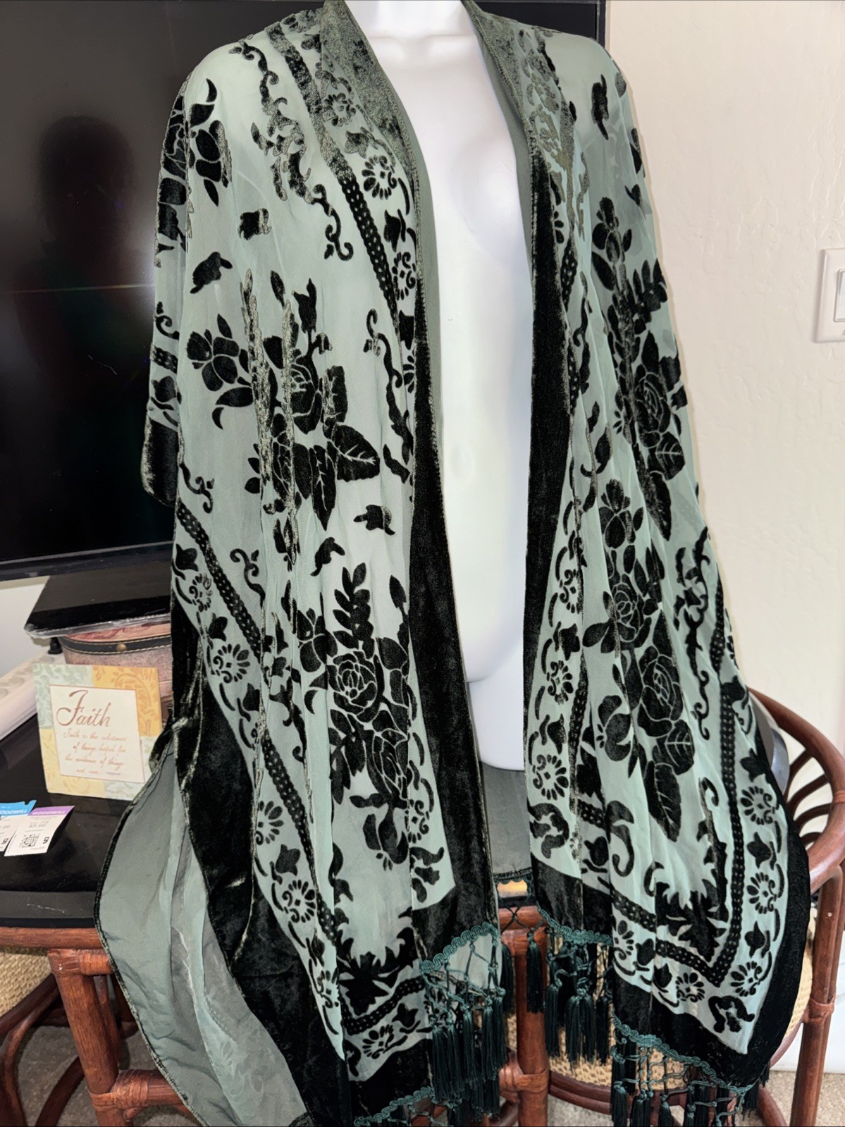 Burnout Velvet Hunter Green SHAWL Tassels OPEN Coverup JACKET Boho