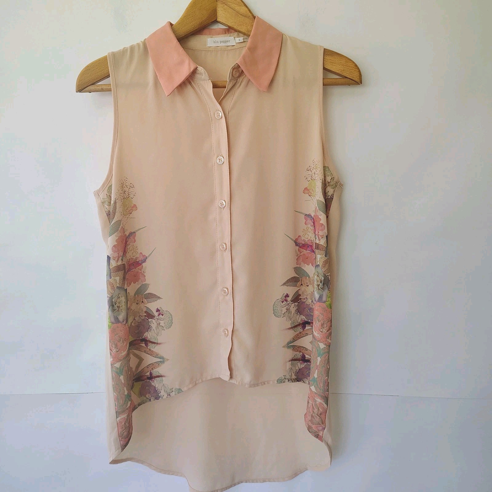 Blu Pepper Sheer Floral Sleeveless Button Up Blouse Sz S Abstract Asymmetrical