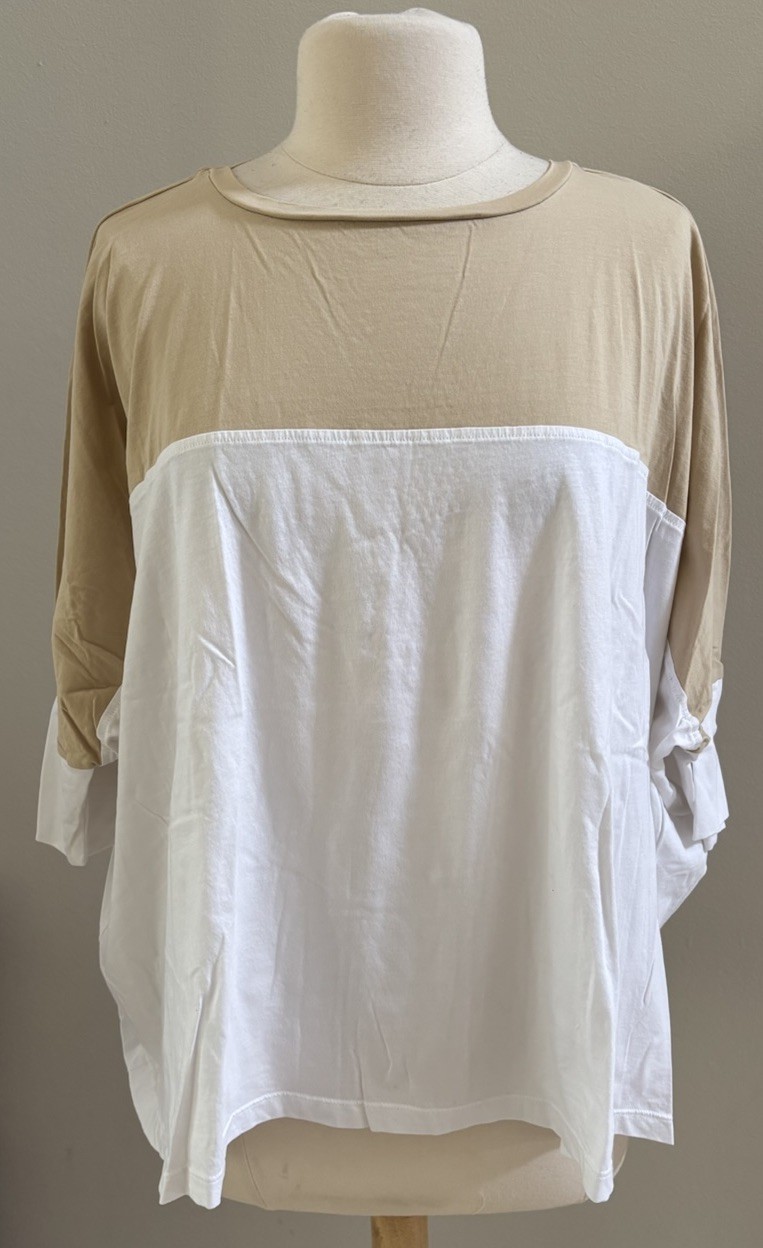 PLANET By Lauren G One Size Color Block Top White Beige Oversized Lagenlook EUC