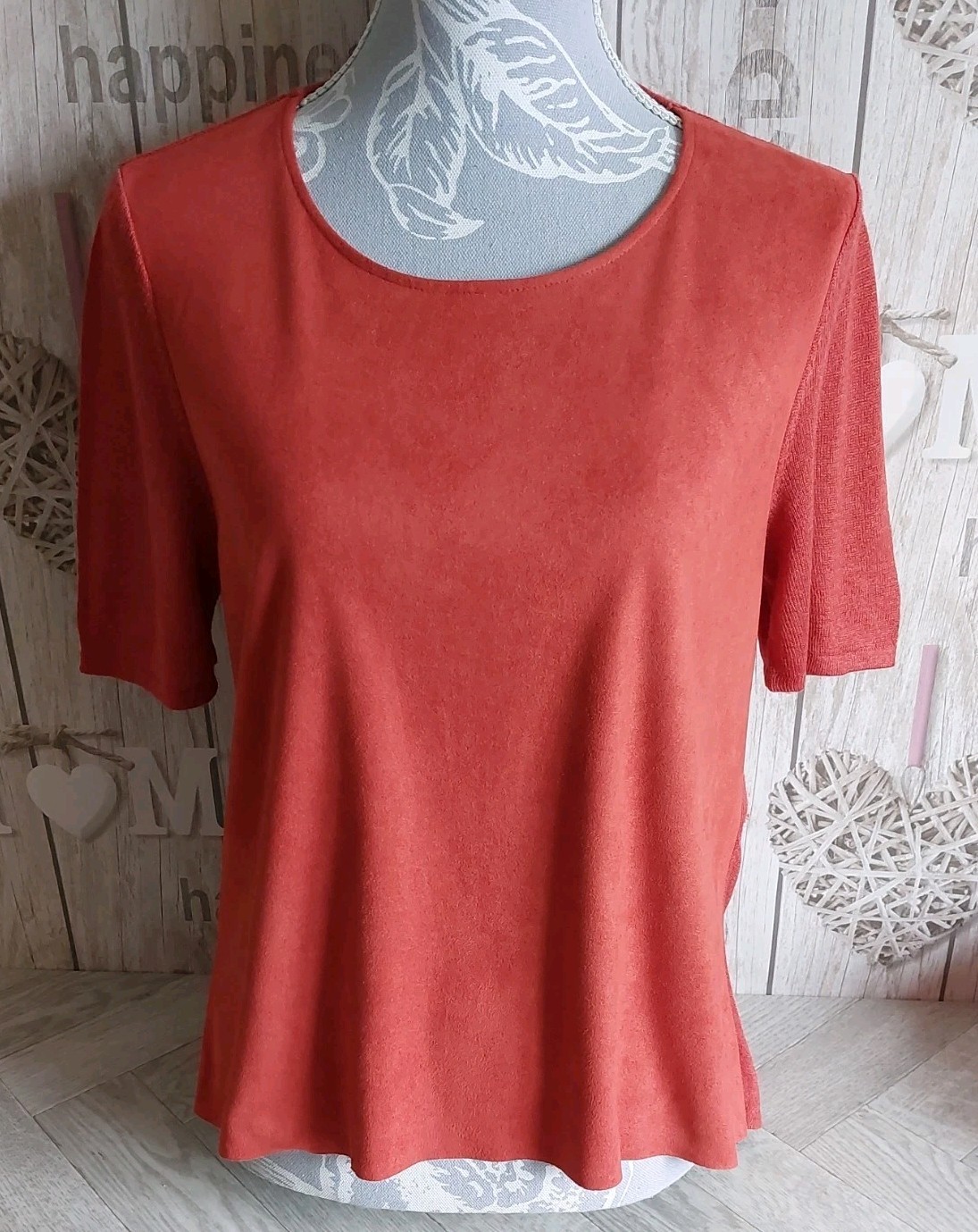 Peter Hahn Women’s S Virgin Merino Wool Faux Suede Rust Brown Short Sleeve Top