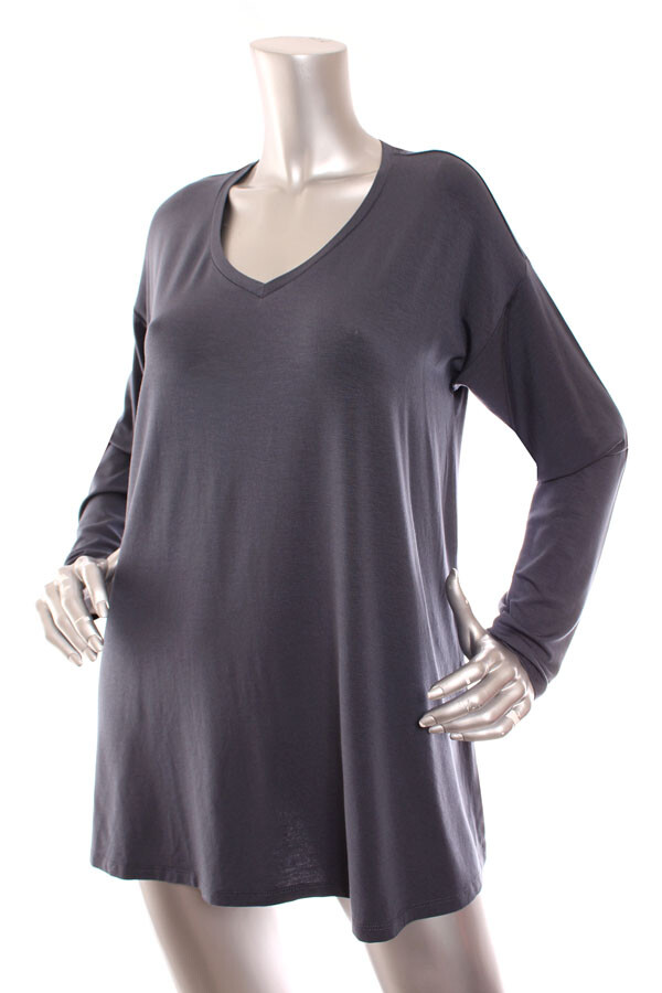 NEW Eileen Fisher Fine Jersey V Neck Easy Fit Thigh Length Boxy Top Steel Blue