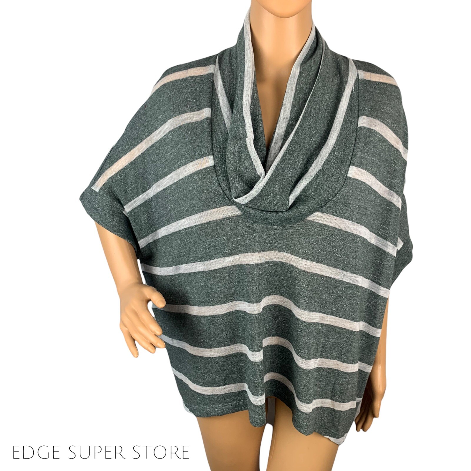 Splendid Army Green White Striped Cowl Neck Short Sleeve Pullover Top Sz Medium