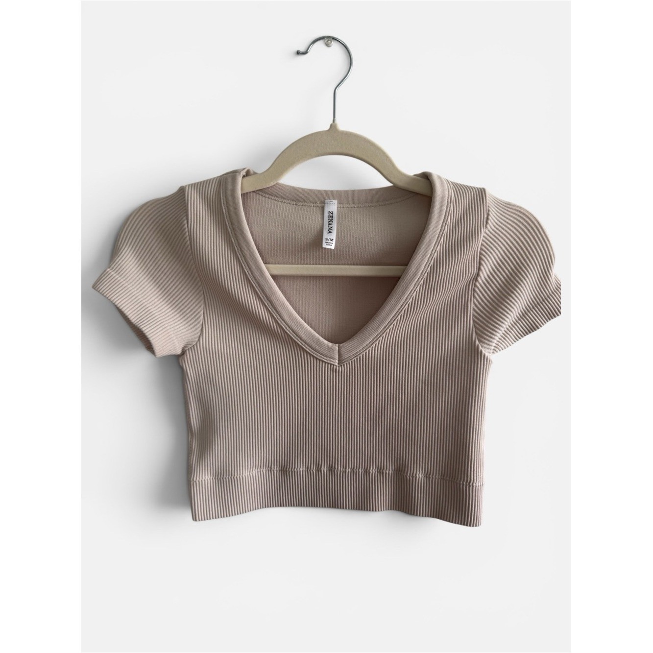 Ribbed V-Neck Crop Top – Beige