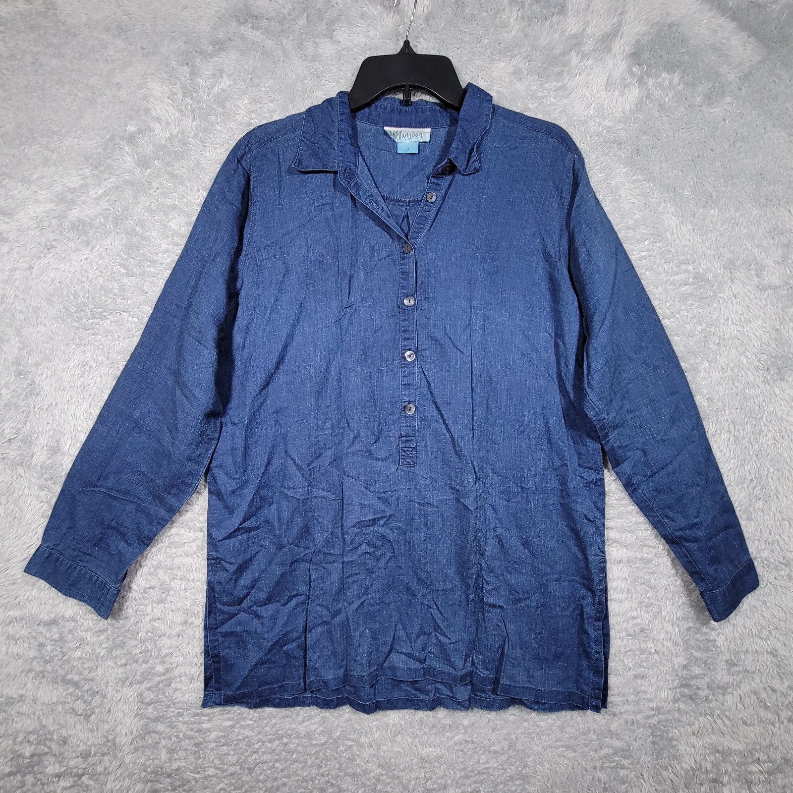 Monsoon Shirt Womens Medium Blue Linen Blend 1/2 Button Long Sleeve Tunic