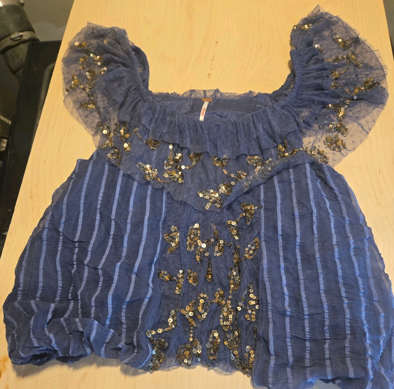 Msrp $168 Nwt Free People Wild Moon elisas Sequin Boho Blouse Sz M Blue Ruffle