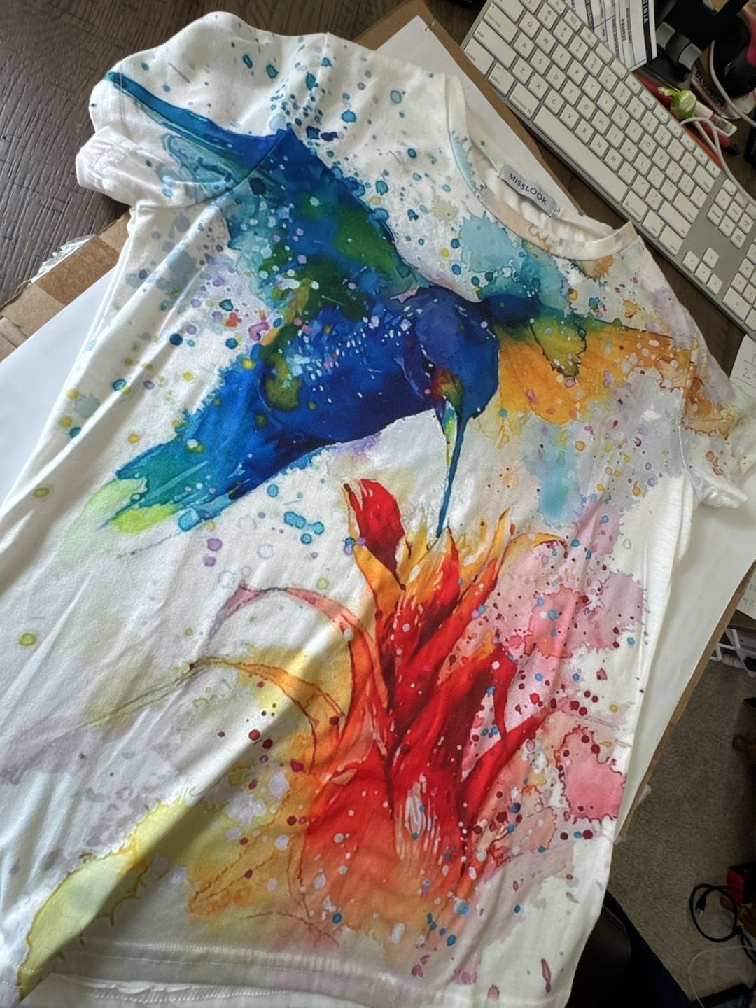 MISSLOOK Hummingbird and Flower Watercolor Print T-Shirt