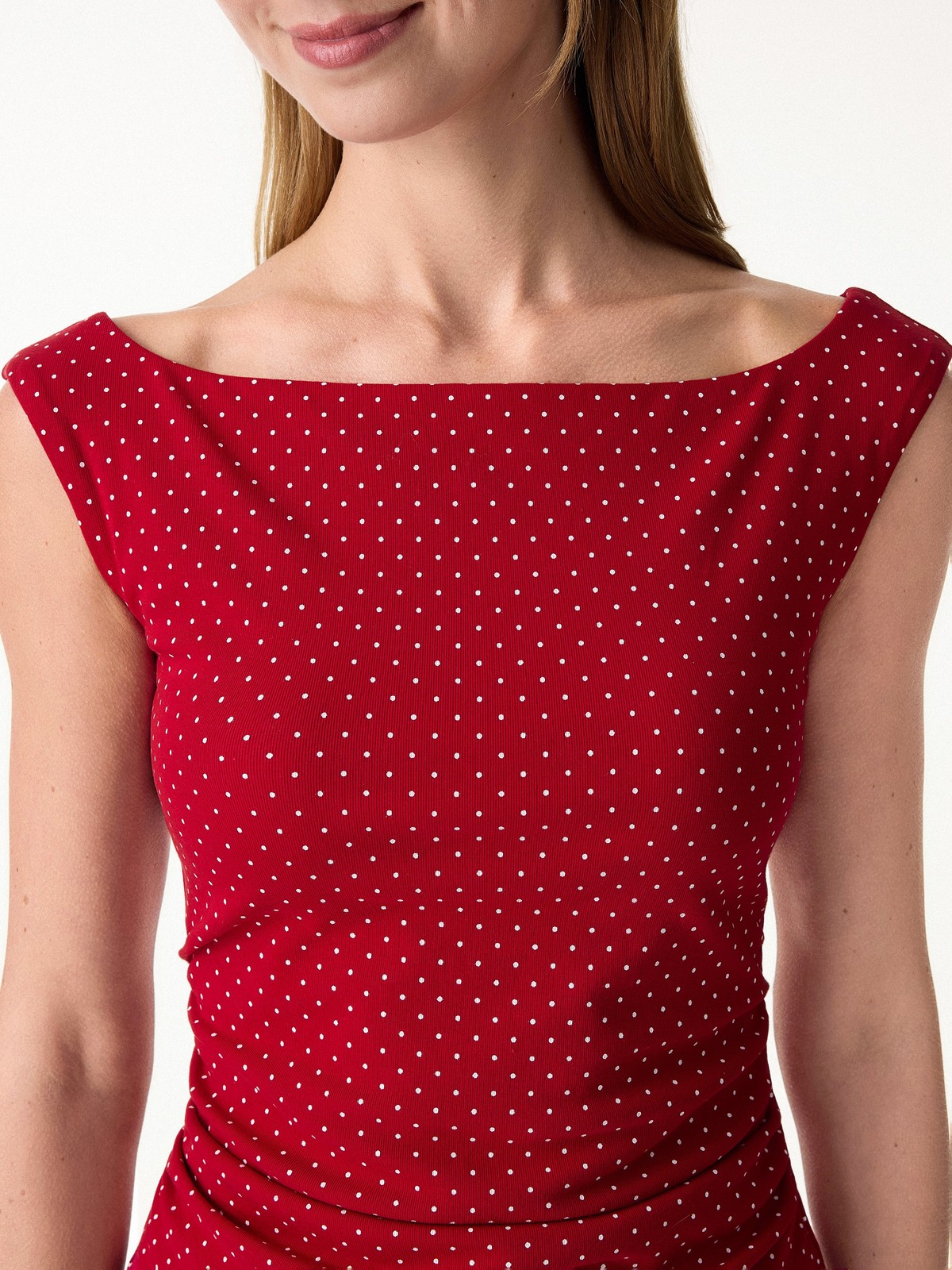 Flash Sale OGLMOVE Stretch Cotton Polka Dot Boatneck Ruched Bra Top