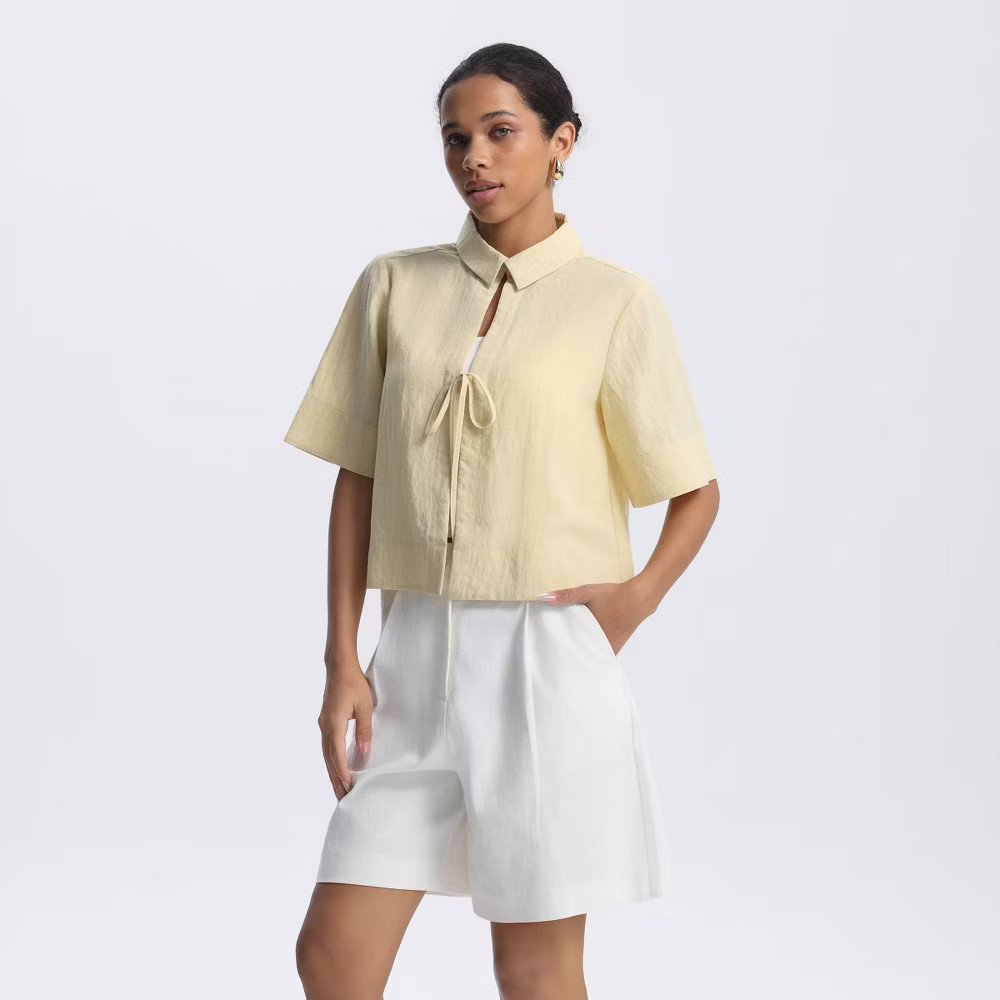 Women Elbow Sleeve Collared Tie-Front Shirt – A