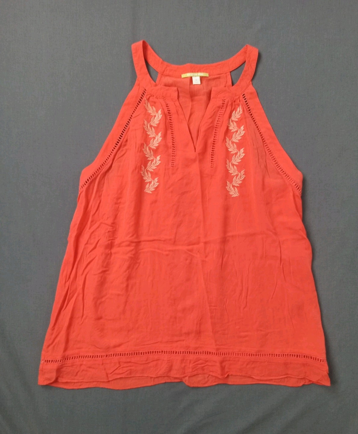 Womens SMALL Lightweight Sleeveless Top Halter V Neck Embroidered Blouse Orange