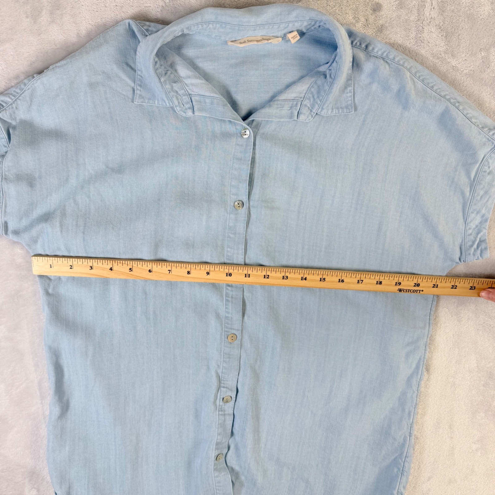 Soft Surroundings Button Down Shirt Womens PS Blue Tencel Lyocell Short Sleeve