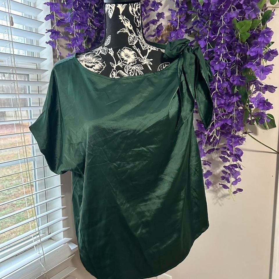 SHEIN Emerald Green One Shoulder Satin Blouse Tie Strap Bow Top Size L