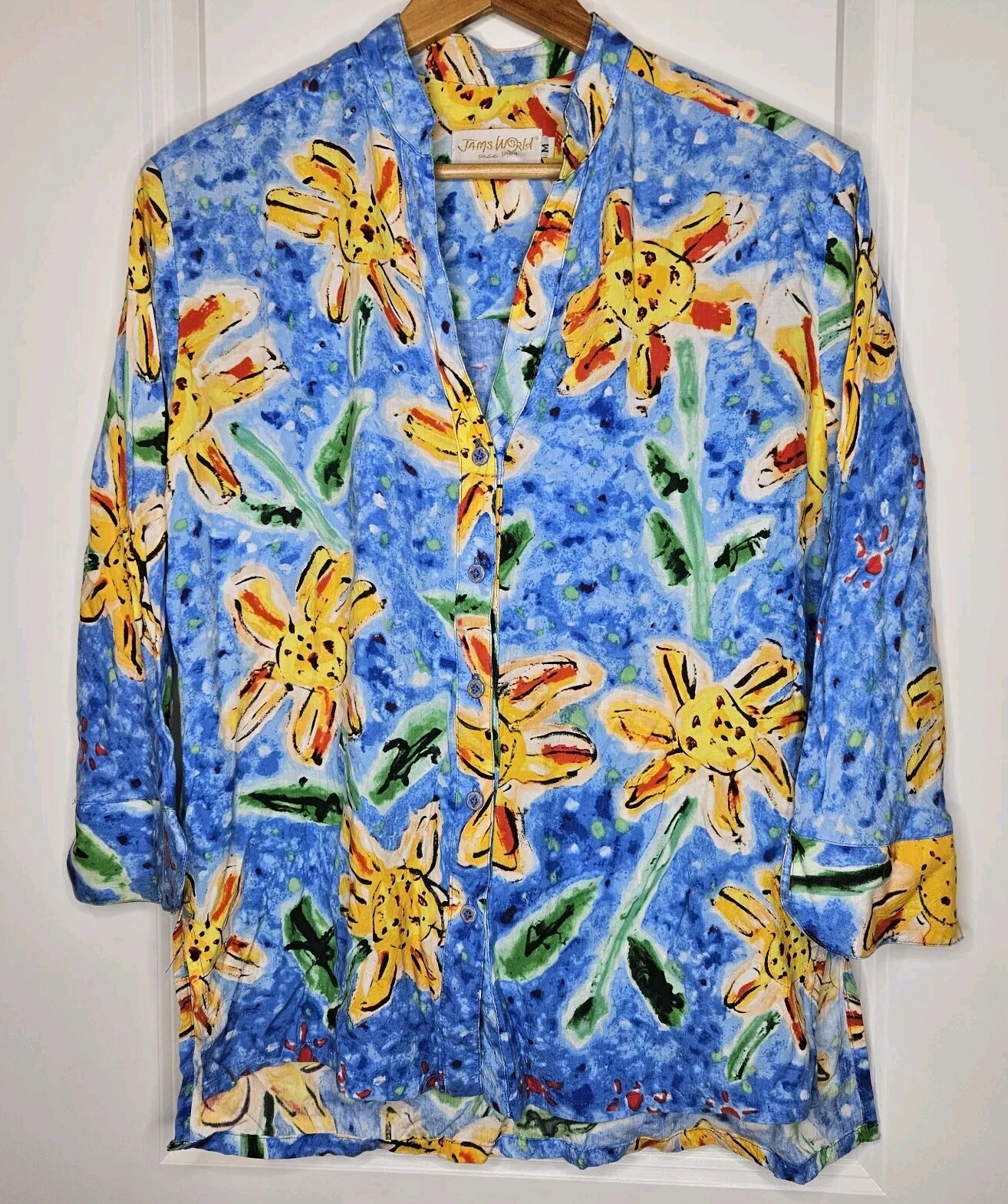 Jams World Button Up Tunic Top Sunflower Size Medium Hawaii Wearable Art Resort