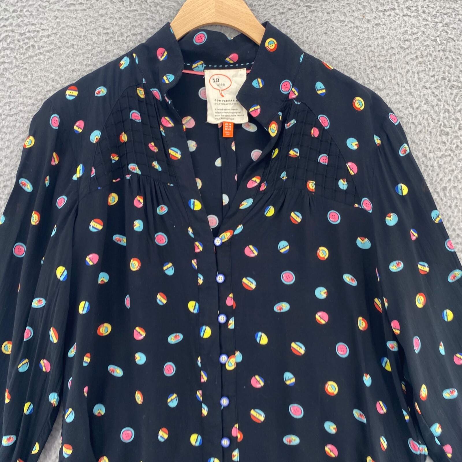 Conversations Anthropologie Top Womens 10 Black Button Print Long Sleeve Hi Low