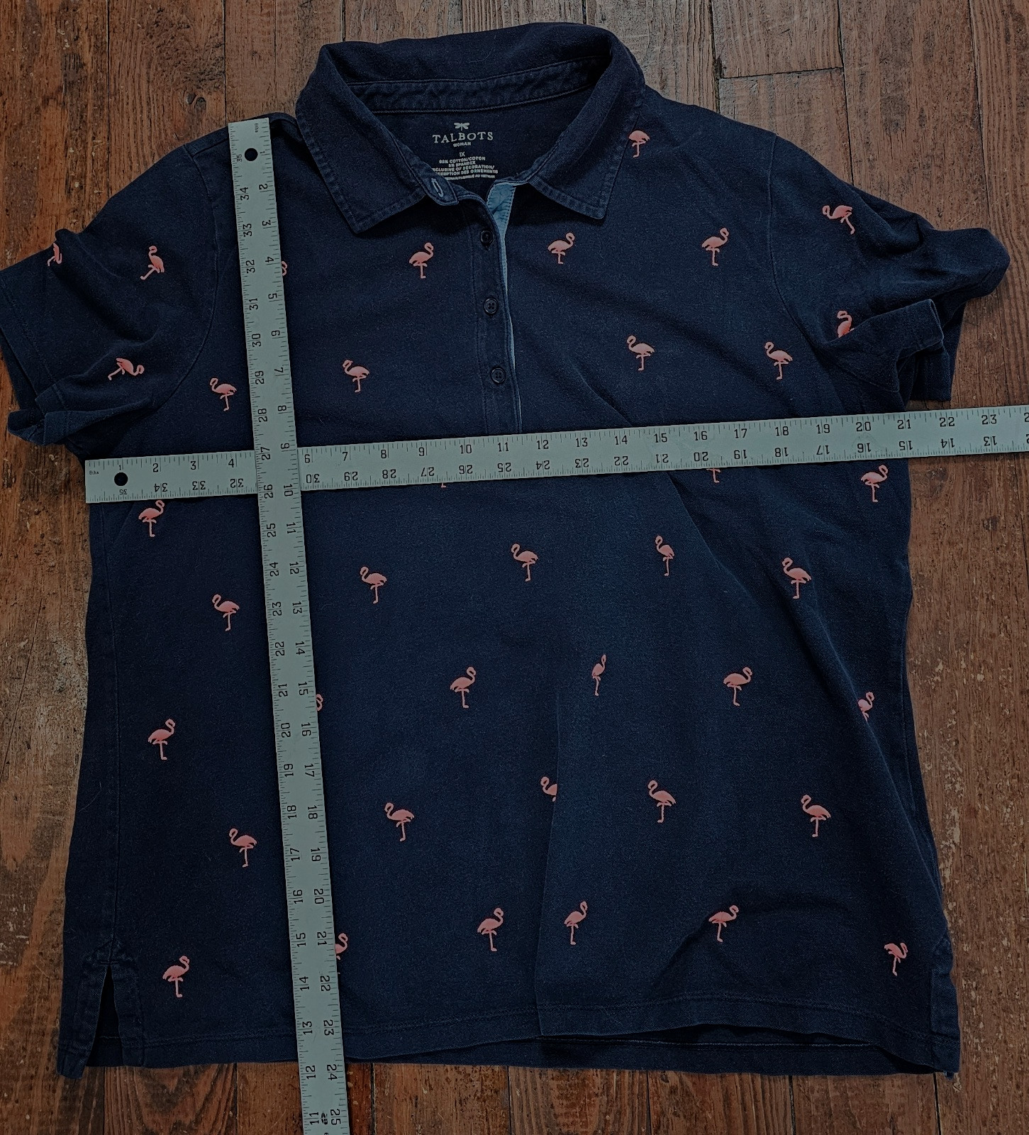 Talbors Womens Top Partial Button Navy Blue Pink Flamingos Cotton Spandex 1X