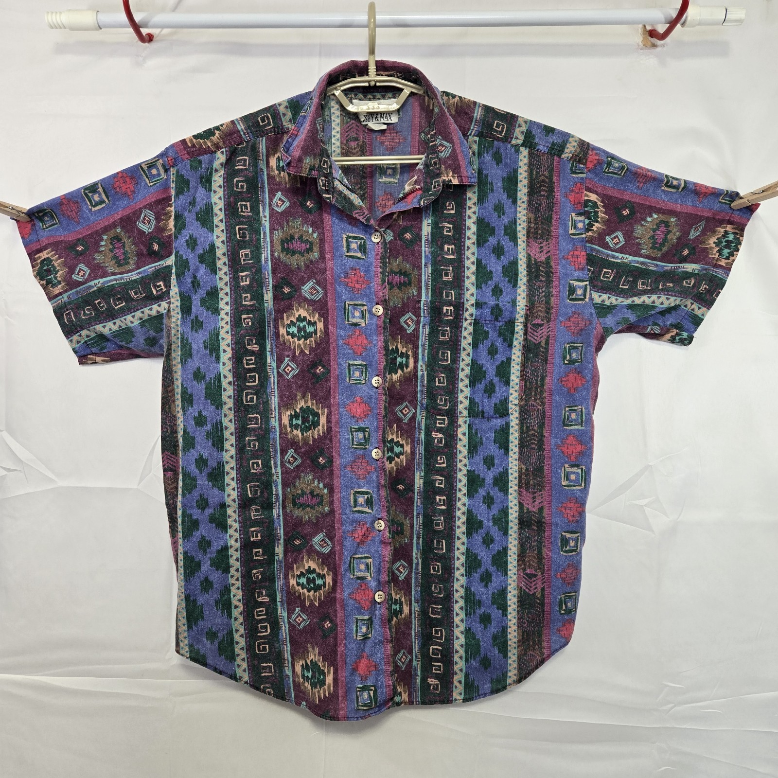 Vtg 90s Casey and Max Western Print Women’s L Short Sleeve Shirt Button Up USA