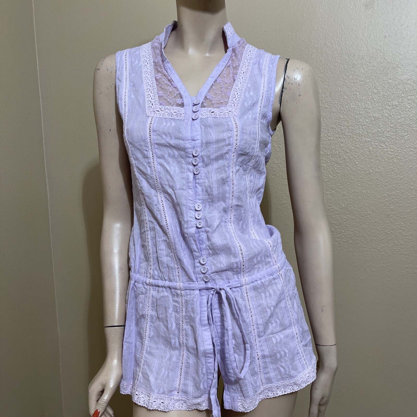 Women’s Lilac Cotton Casual Summer Lace Tie Sheer Size M Button Up Blouse Tunic