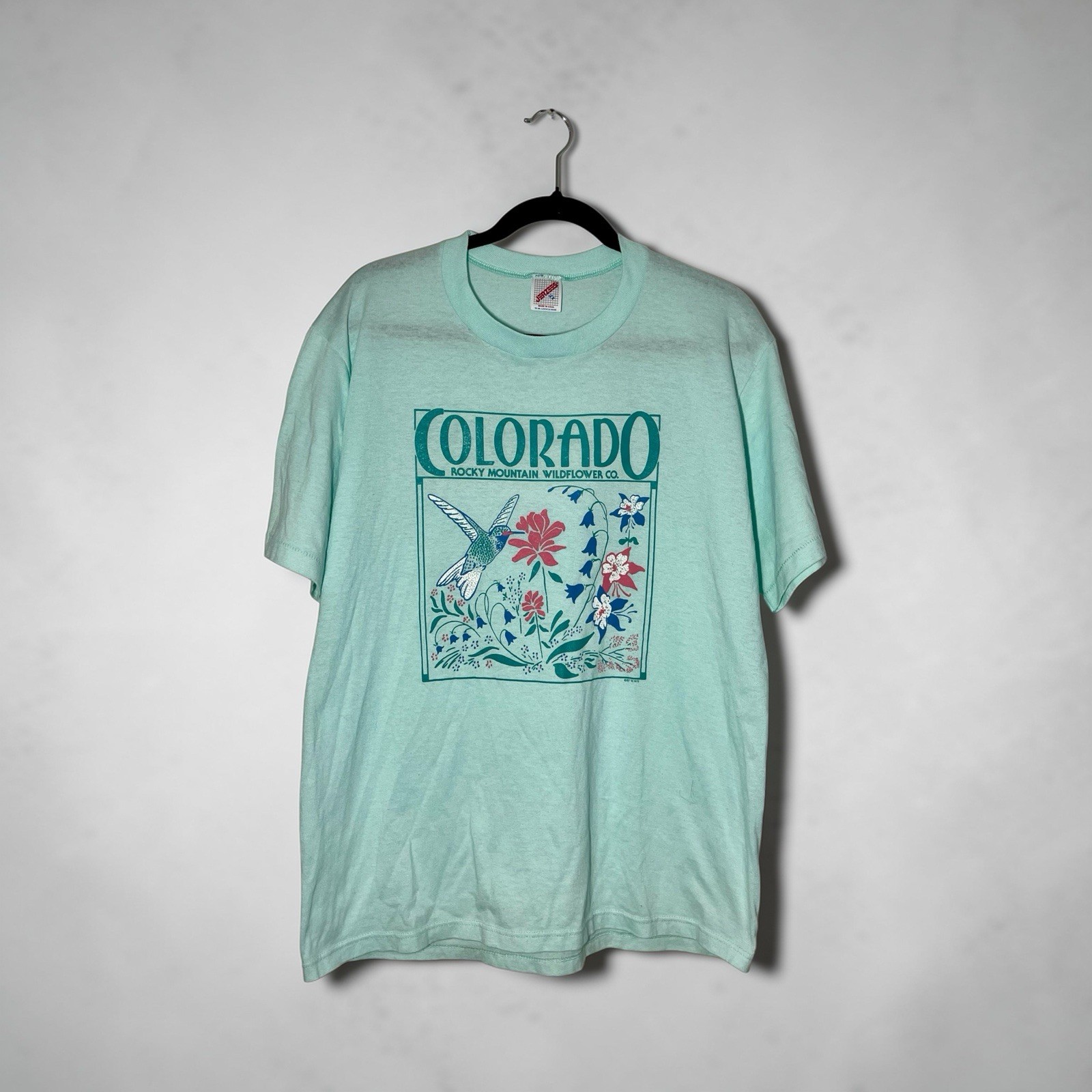 Jerzees VTG 80’s Colorado 87 Teal Hummingbird Floral T-Shirt Med