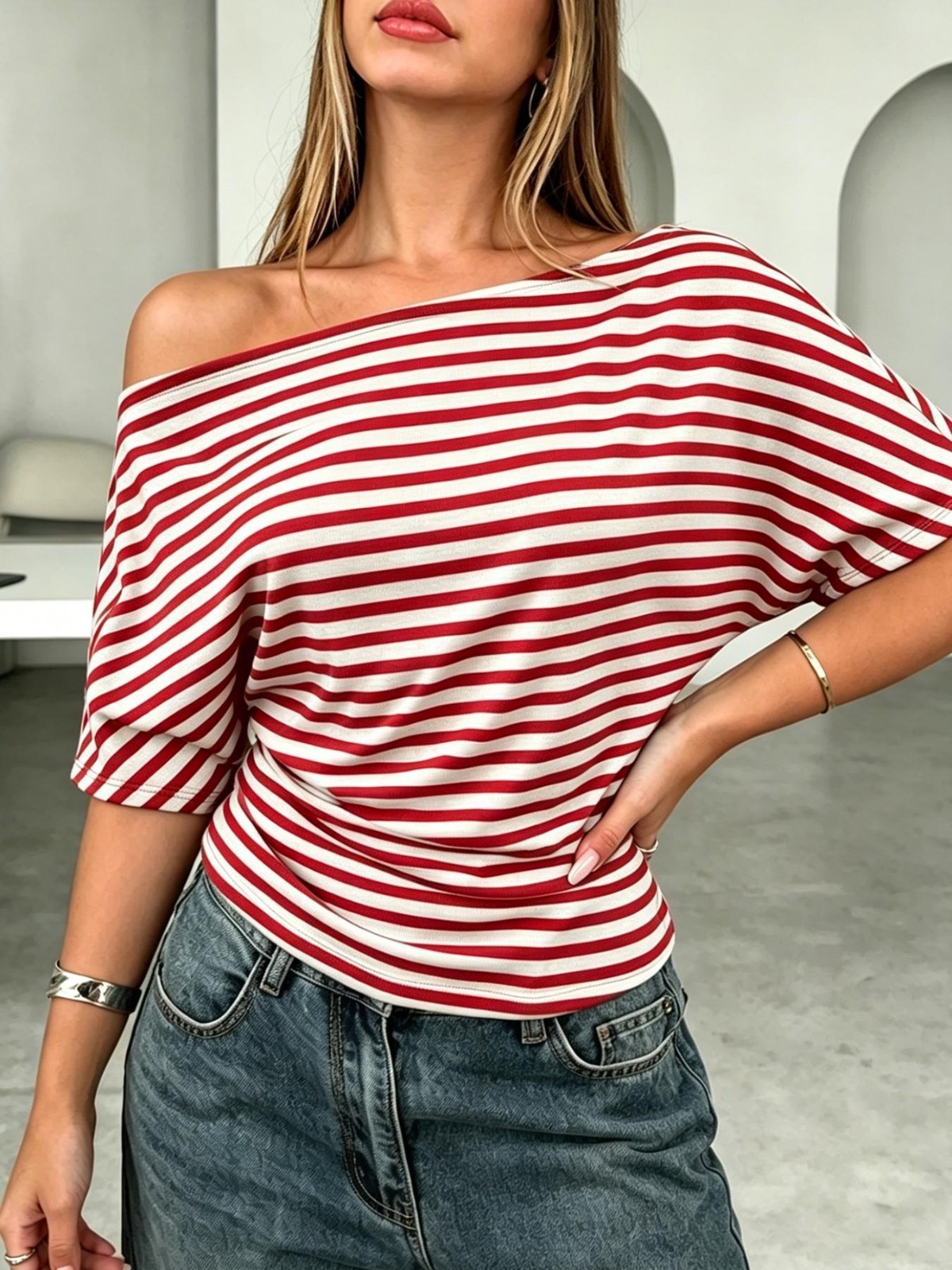 Postscript – Womens One Shoulder Striped Dolman Sleeve Casual Wear T-Shirt