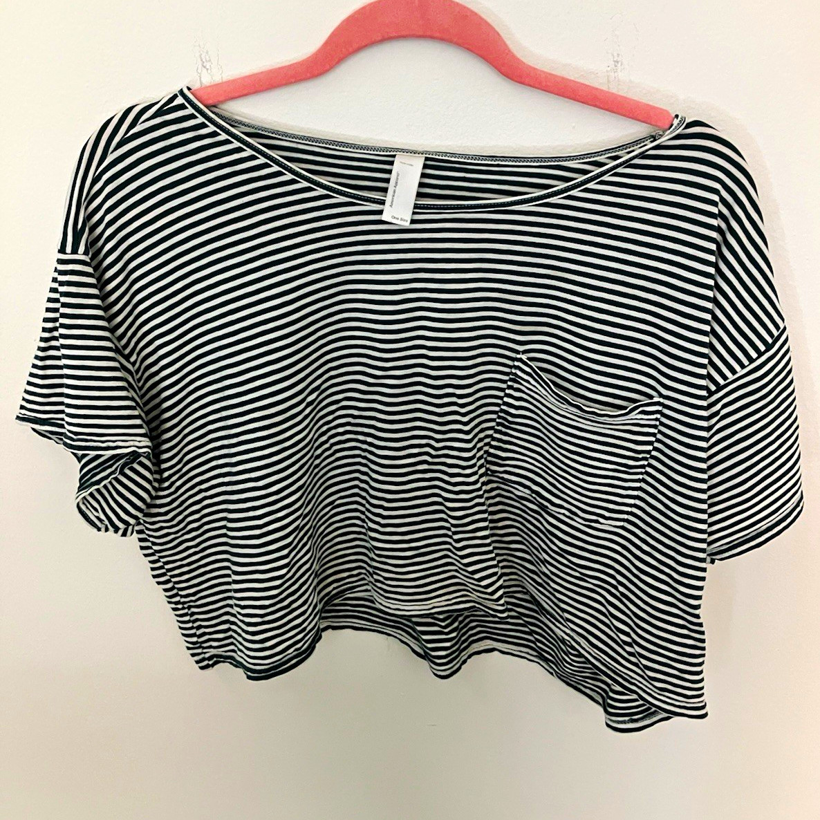 American Apparel Women’s Green and White Striped Cropped Boat Neck Pocket Tee OS