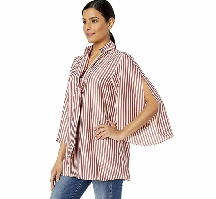 Kenneth Cole Womens L Rose Brown Striped Slit 3/4 Sleeve Scarf Tunic Top NWT