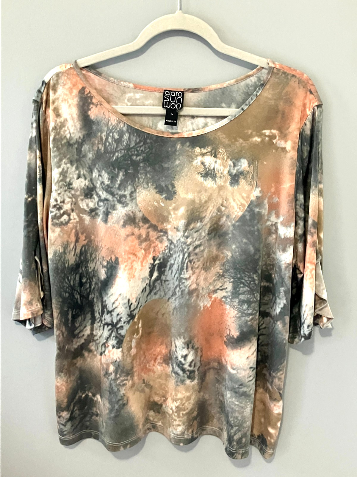 Clara Sun Woo Top Blouse Large short sleeve flutter water color pullover jersey