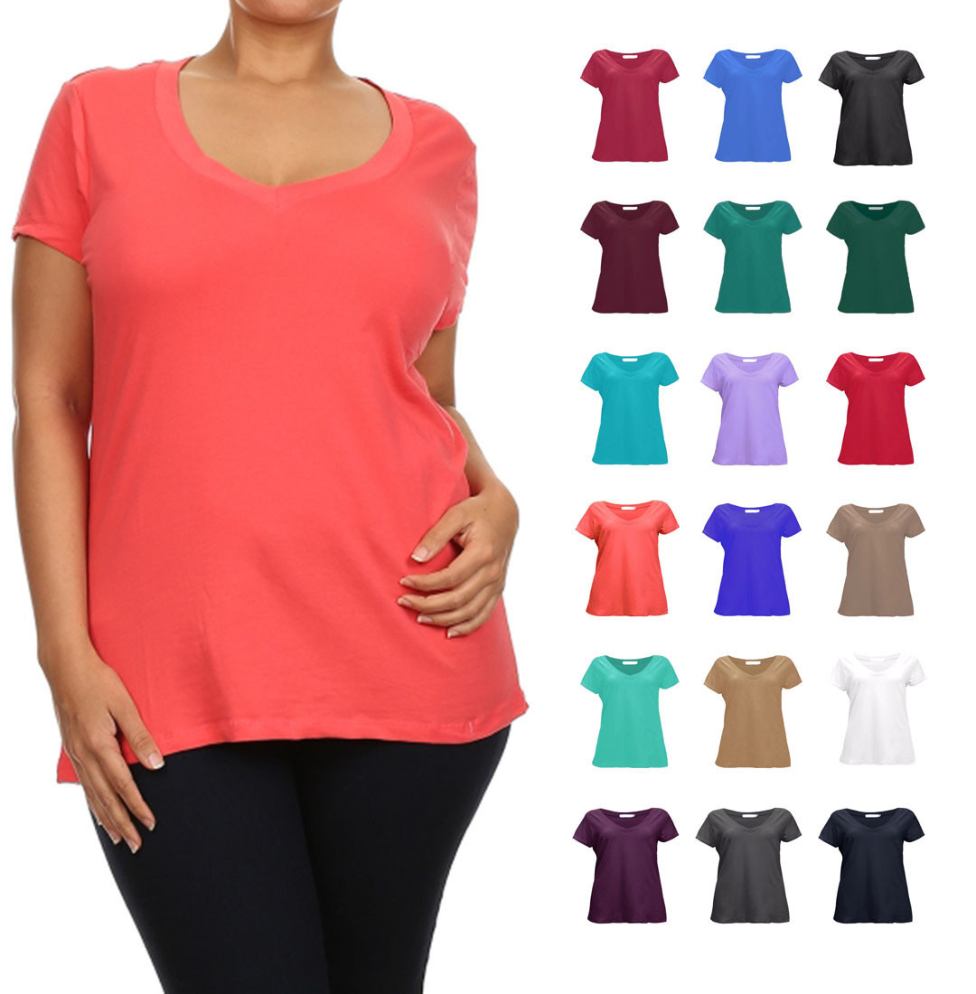 Plus Size V-Neck Short Sleeve Cotton Jersey Tee Shirt Top 1X/1XL ~ 3X/3XL