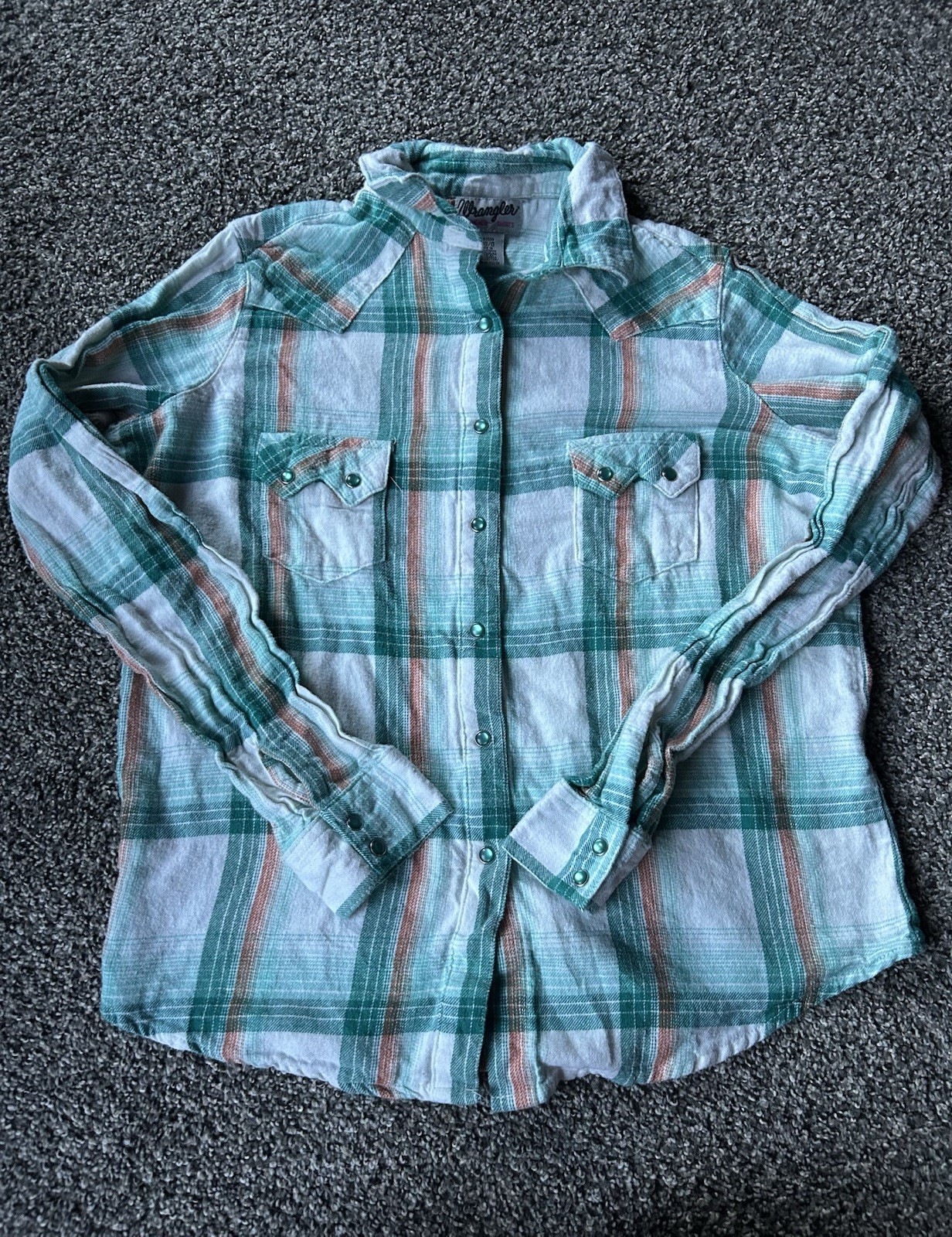 Wrangler Pearl Snap Orange And Teal Womens Button Down Flannel