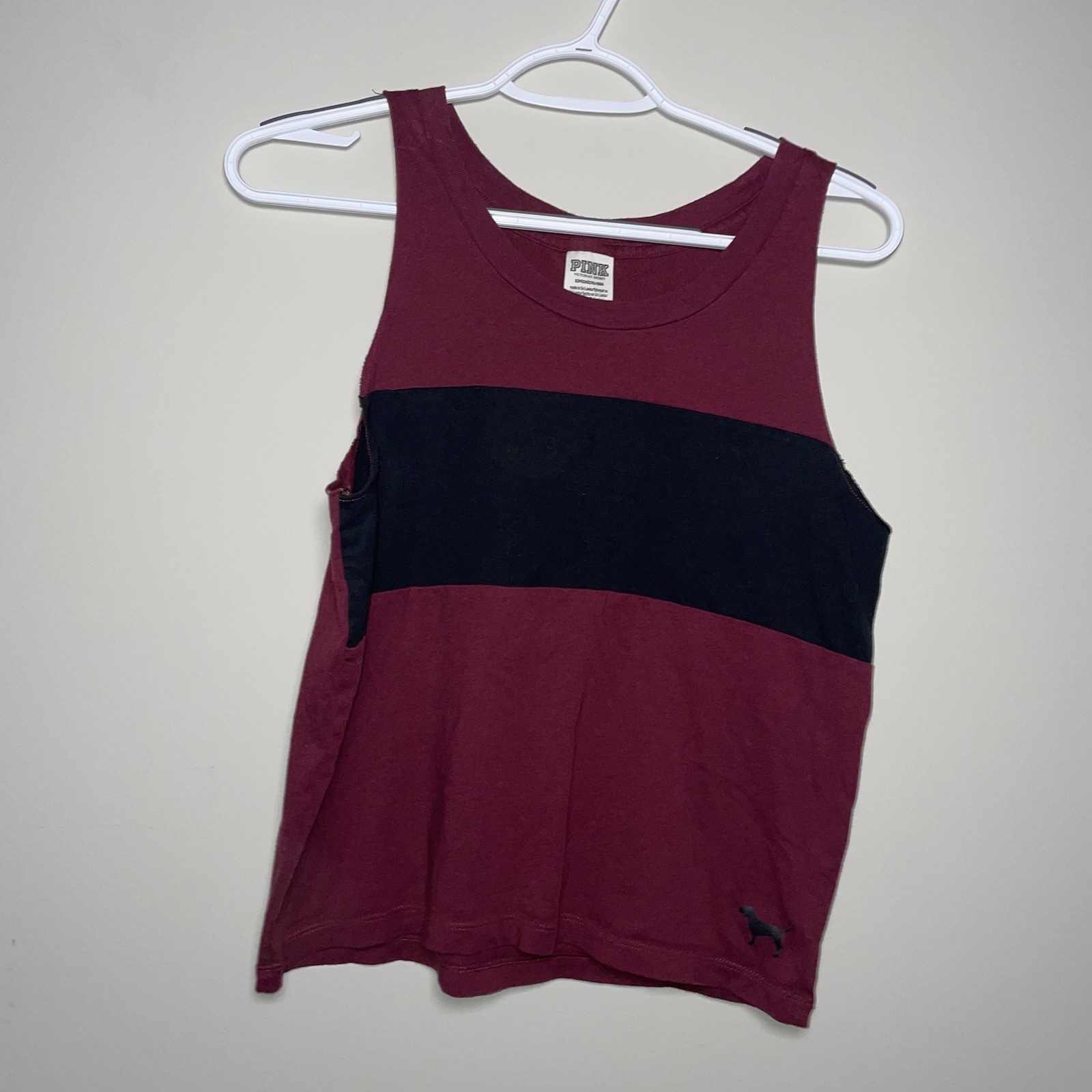 Pink Victoria’s Secret S Maroon Color Block Black Dog Logo 100% Cotton Tank Top