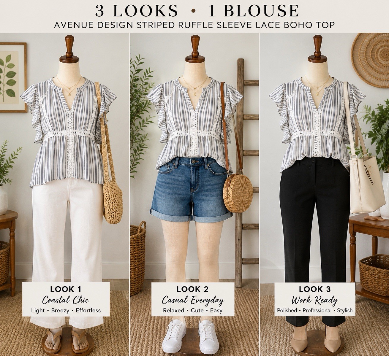 avenue design Woman’s Medium Blouse Gray White Striped Ruffle Sleeve Lace Boho