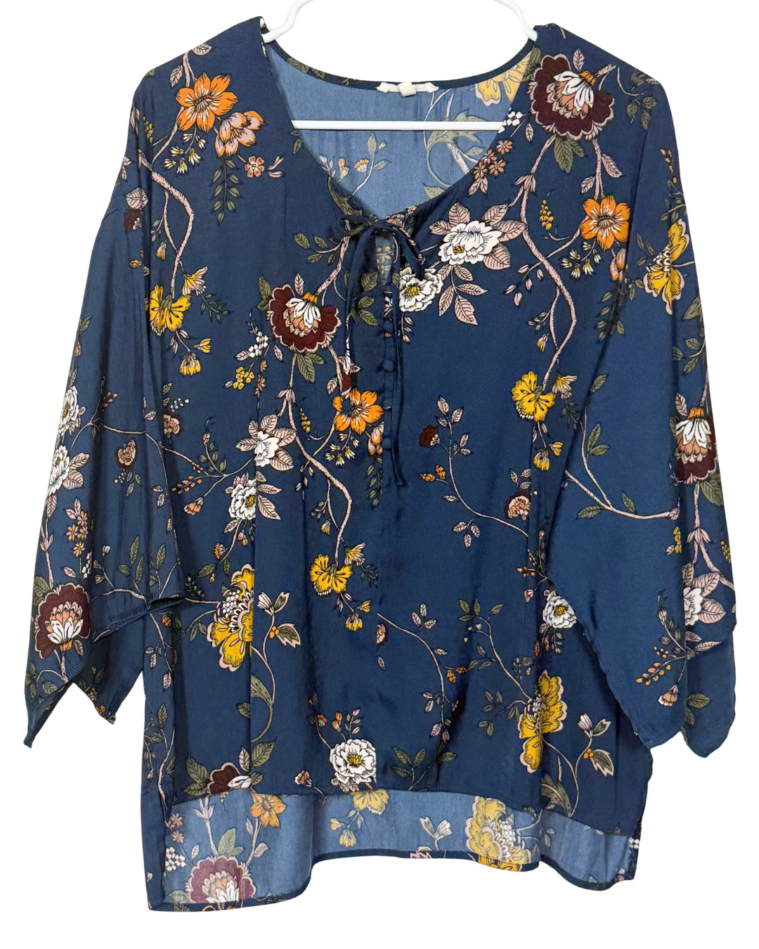 Maurices Size 1 Floral Peasant Blouse Blue Boho Tie Neck 3/4 Sleeve Top