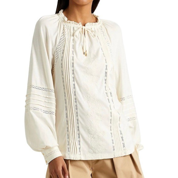 Lauren Ralph Lauren Long Sleeve Embroidered Tie-Neck Top