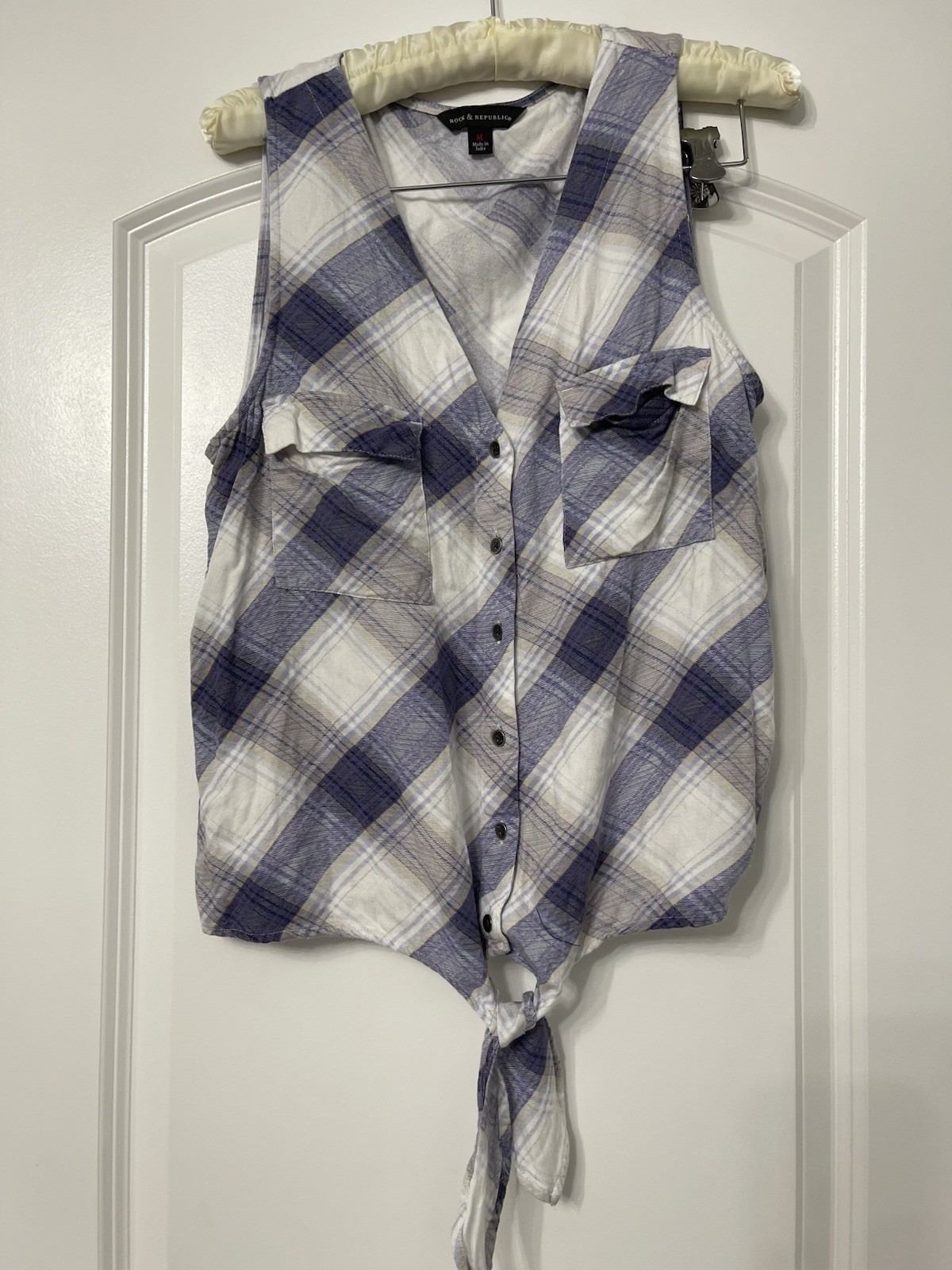 Rock & Republic Plaid Tie Front Tank Top Sleeveless Button Down M Indie Country