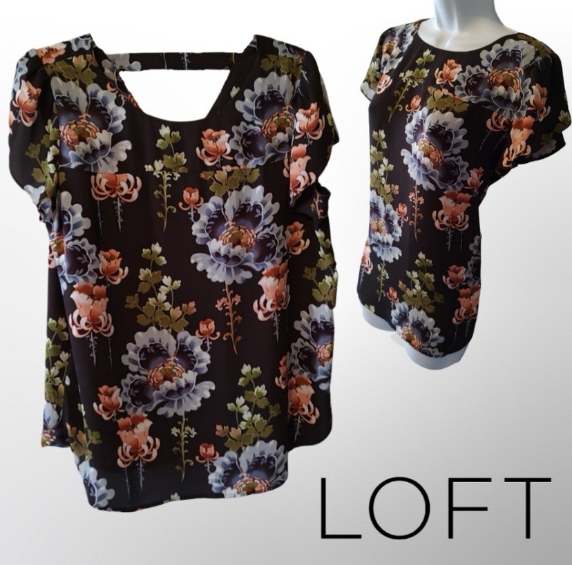 LOFT Floral Chiffon Scoop Neck Keyhole Cap Sleeve Blouse, M, Black/Blue